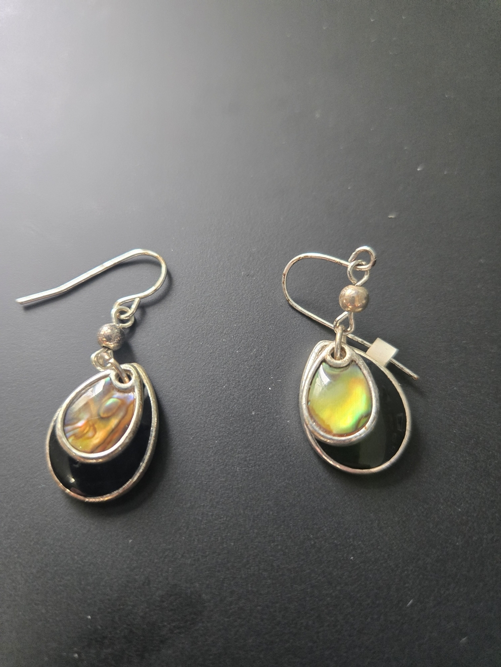 Sterling Teardrop Abalone & Black Inlay Earrings - Iridescent Green
